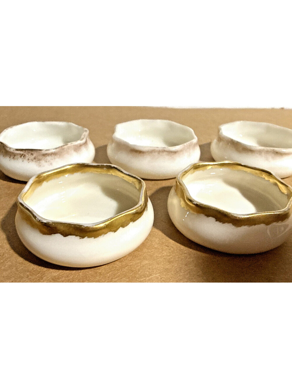 Vintage Belleek Open Salt Dish 5pc Set White Porcelain with Gold Rim - Picture 5 of 9
